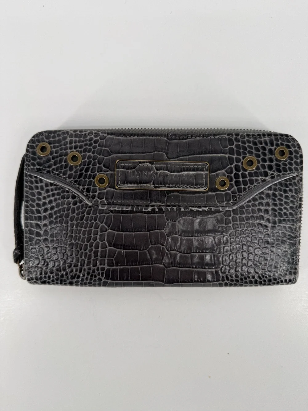 Longchamp Black Croc-Embossed Zip-Around Wallet with Stud Detail